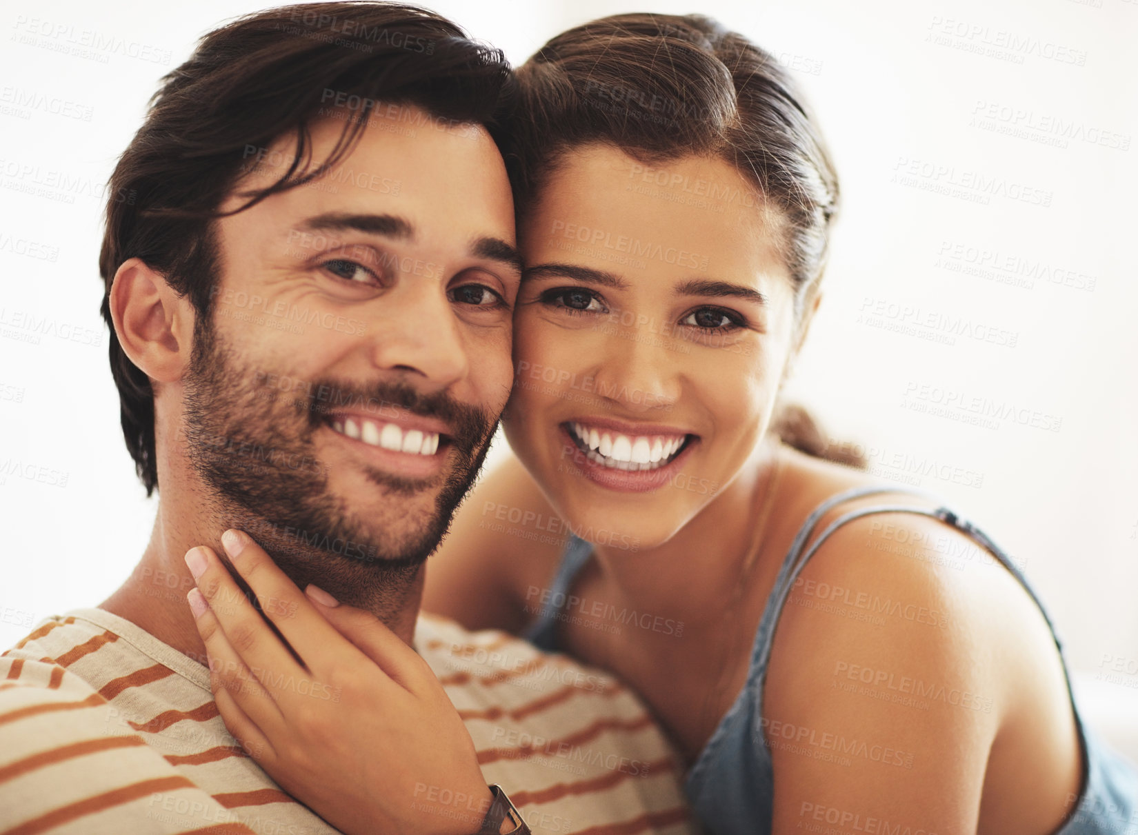 Buy stock photo Couple, happy portrait and love in home for relationship trust, romantic moment and relax together. Face smile, man and woman with bonding for loyalty, wellness and support for partnership in house