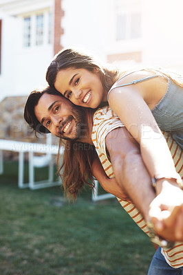 Buy stock photo Man, woman and piggy back in portrait with smile in sunshine, bonding and connection on vacation. Couple, care and happy with carrying, hug and love in summer for play in backyard garden on lawn