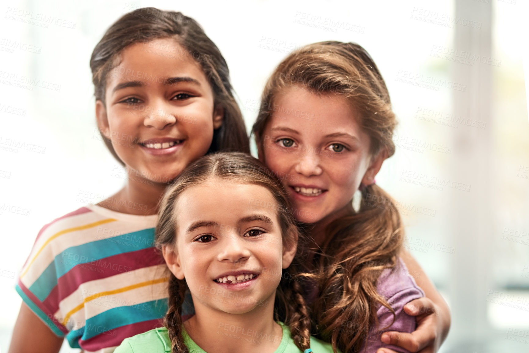 Buy stock photo Portrait, children and friends with hug for care, connection and bonding together with support in kindergarten. Young girls, kids and love with embrace for solidarity, development or childhood growth