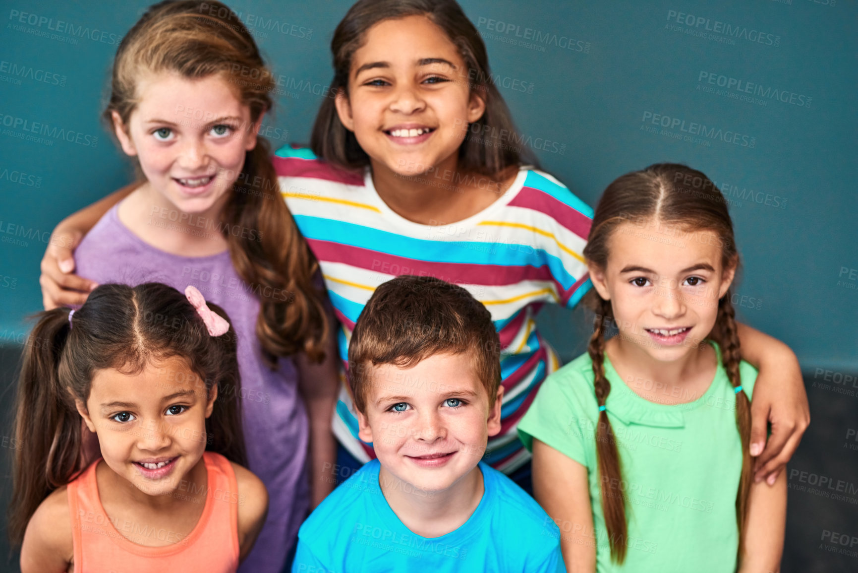 Buy stock photo Students, happy and portrait of children on blue background for back to school, education and academy. Happy, youth and group of kids with smile for learning, scholarship and diversity in studio