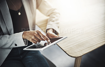 Buy stock photo Hands, business and woman with tablet, online reading and research for article, app and network. Closeup, person and journalist with tech,  social media and internet with connection and website info