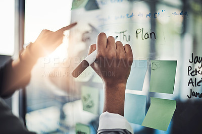 Buy stock photo Writing, hands and business people in office meeting for planning, calendar or agenda on sticky note. Plan, visual and creative person team in collaboration for solution, brainstorming and schedule