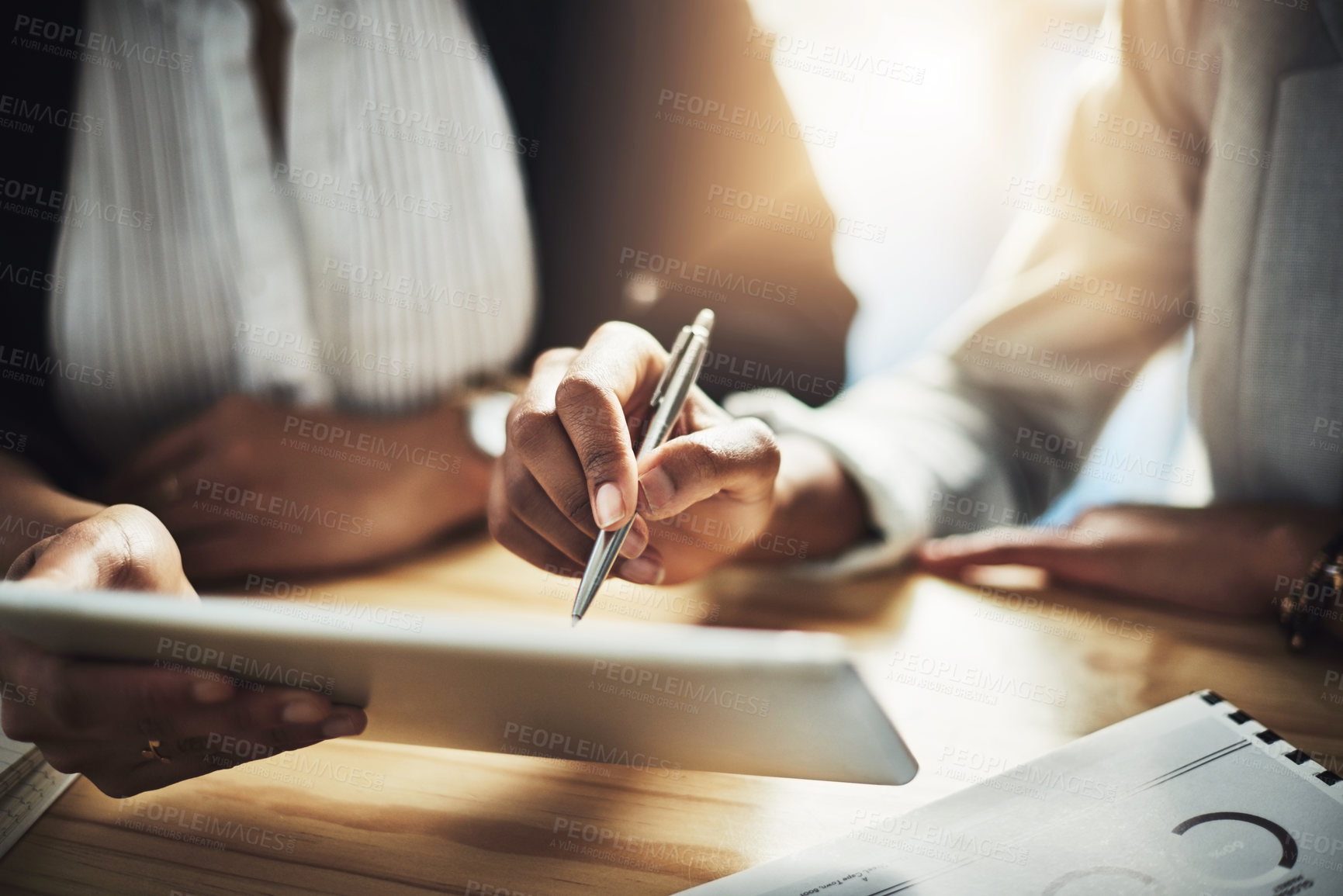 Buy stock photo Hands, sign and people with tablet, office and approval for home loan and process with digital form. Client, signature and real estate agent with tech for mortgage, writing and agreement in meeting