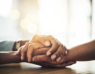 Buy stock photo Closeup shot of two women holding hands
