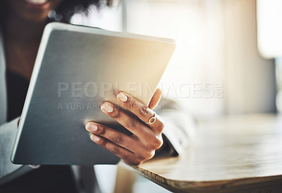 Buy stock photo Hands, employee and woman with tablet, connection and email notification with online reading. Closeup, person and consultant with tech, creative agency and social media with internet and digital app