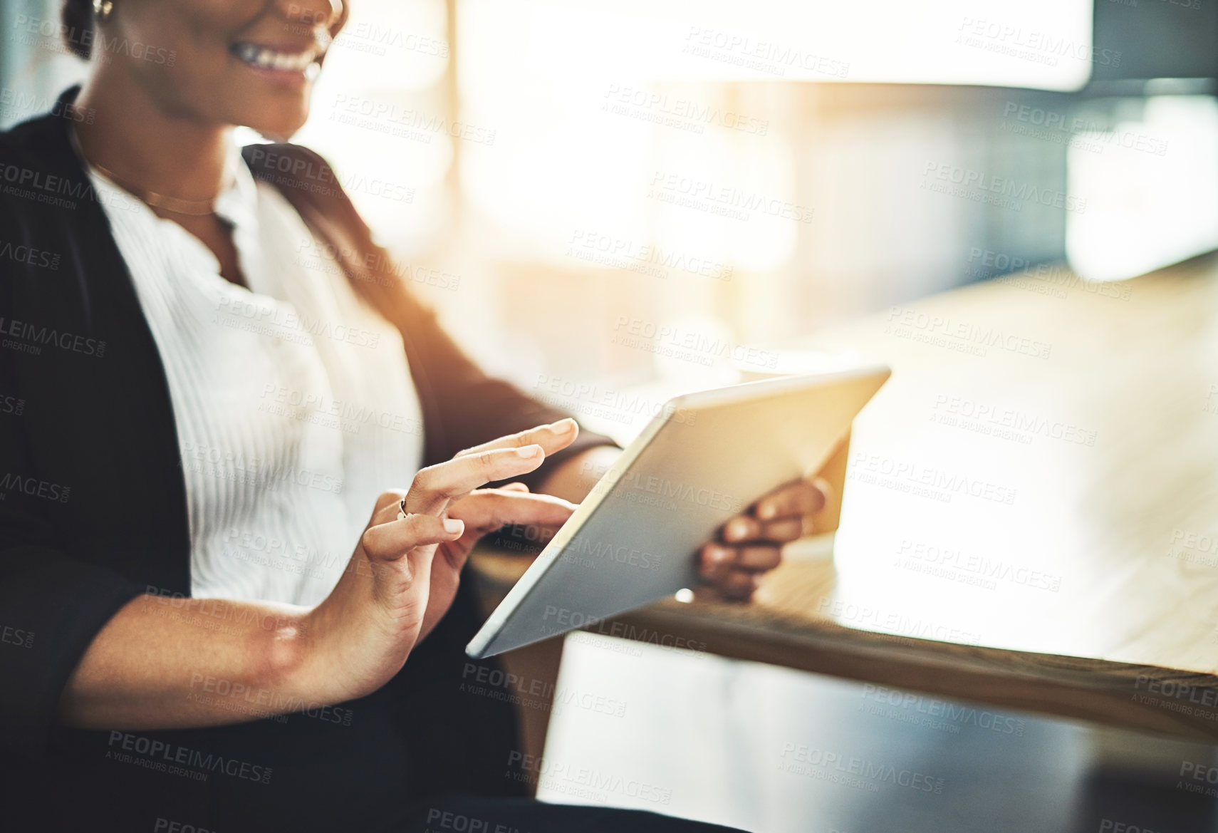 Buy stock photo Hands, employee and woman with tablet, typing and app for trading, connection and investment. Closeup, person and trader with tech, consulting agency and communication with internet and stock market