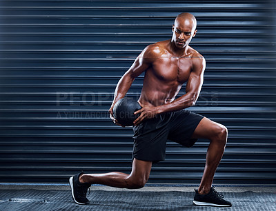 Buy stock photo African man, bodybuilder and medicine ball at gym, training or exercise for health, wellness and strong body. Black man, weightlifting ball and workout for healthy lifestyle, development and fitness
