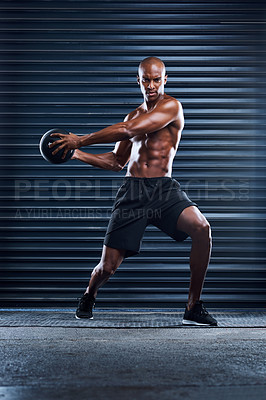 Buy stock photo Fitness, portrait and man with medicine ball training for cardio health, strong body or muscle building. Sports motivation, athlete workout ball and black man exercise on industrial metal background