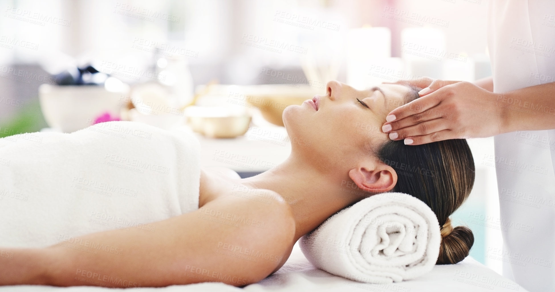 Buy stock photo Woman, hands and sleeping in relax at spa for facial treatment, healthy wellness or physical therapy at resort. Calm female person relaxing in peaceful sleep for body care or face massage at a salon