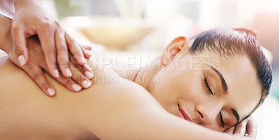 Buy stock photo Spa, relax and hands massage back of a client for skin care, self love and luxury cosmetic stress relief for body. Scrubbing, beauty and person or woman in dermatology salon to exfoliate for wellness