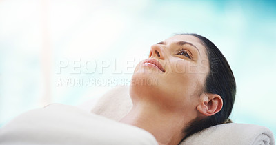 Buy stock photo Skincare, salon and woman relax at spa for massage, facial treatment and luxury pamper. Aesthetic, dermatology and happy person on bed at resort for wellness, cosmetics beauty service and therapy