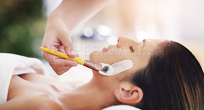 Buy stock photo Face, spa and woman with brush for mask, skincare and relax for luxury anti aging dermatology. Cosmetics, care and girl in salon for facial treatment, collagen cream or beauty product on healthy skin