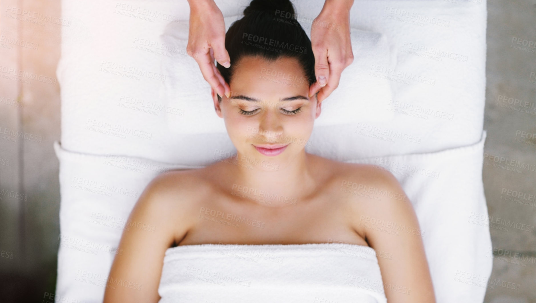 Buy stock photo Spa, salon and woman relax for head massage, facial treatment and luxury pamper. Aesthetic, skincare and above of person with eyes closed at resort for wellness, cosmetic service or beauty therapy
