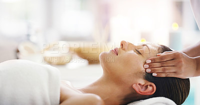 Buy stock photo Woman, hands and sleeping at spa for facial treatment, healthy wellness or physical therapy at resort. Calm female person relaxing in peaceful sleep for luxury body care or face massage at the salon