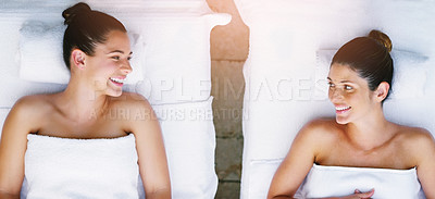 Buy stock photo High angle shot of two women enjoying a day at the spa