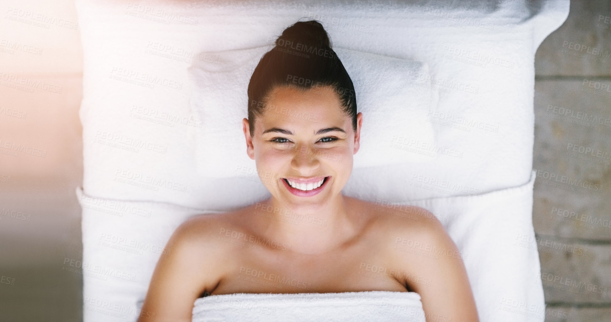 Buy stock photo Spa, salon and portrait of woman with smile for massage, facial treatment and luxury pamper. Beauty Aesthetic, happy and above of girl at resort for wellness, dermatology service and skincare therapy