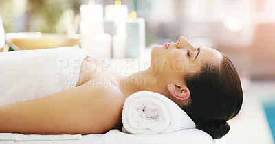 Buy stock photo Woman, relax and sleeping on massage bed at spa for zen, physical therapy or healthy wellness at resort. Calm female person relaxing in peaceful sleep for luxury body treatment or self love at salon