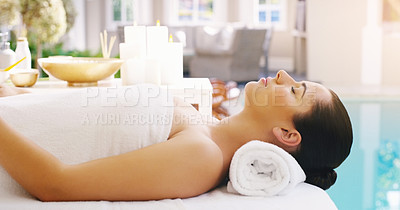 Buy stock photo Woman, relax and massage bed at spa for zen, physical therapy or healthy wellness at a resort. Calm female person, sleeping or relaxing in peace, luxury body treatment or self love at hotel or salon