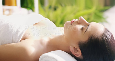 Buy stock photo Spa, relax and woman on massage table for stress relief, body or beauty treatment at wellness resort. Luxury, peace and pamper on vacation at Thailand salon for healing, therapy or cosmetic service