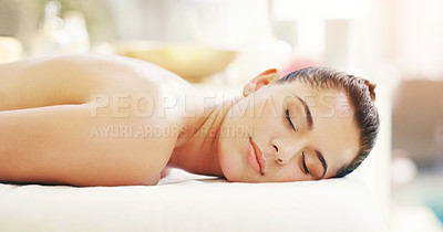 Buy stock photo Woman, sleeping and relax at spa in zen for healthy wellness, physical therapy or treatment at the resort. Happy female person relaxing in peaceful sleep for luxury body care or massage at the salon