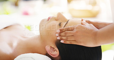 Buy stock photo Woman, hands and sleeping in face massage at spa for zen, physical therapy or healthy wellness in relax at resort. Calm female person relaxing or sleep in luxury facial treatment or relief at salon
