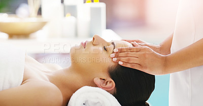Buy stock photo Woman, hands and relax in face massage at spa for zen, physical therapy or healthy wellness at resort. Calm female person relaxing or sleeping in luxury facial treatment or stress relief at salon