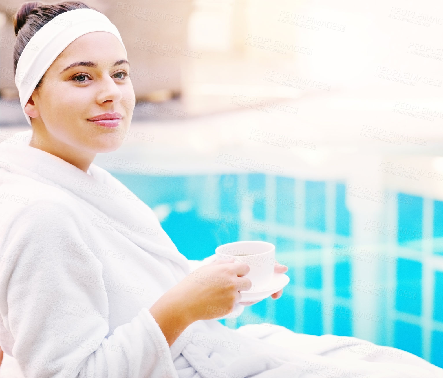 Buy stock photo Relax, spa and woman in robe at pool with coffee, smile and hotel vacation for self care. Thinking, terrace and happy girl at luxury resort for wellness, health and massage at villa on travel holiday
