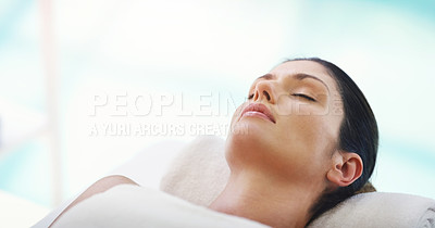 Buy stock photo Salon, beauty and woman relax at spa for massage, facial treatment and luxury pamper. Aesthetic, skincare and person with eyes closed at resort for wellness, cosmetics service and dermatology therapy