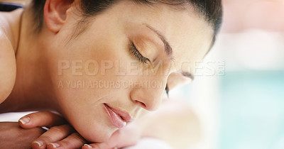 Buy stock photo Relax, massage and woman at spa for sleep, service or holistic face treatment on hotel holiday. Self care, peace and zen, calm girl on bed for facial wellness and detox therapy with healthy rest.