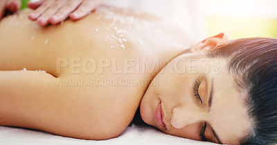 Buy stock photo Spa, relax and woman doing  back scrub skincare as self love, cosmetic and luxury stress relief with salt for the body. Massage, beauty and person in a dermatology salon to exfoliate for wellness