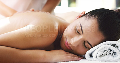 Buy stock photo Woman, relax and sleeping in back massage at spa for healthy wellness, skincare or stress relief at a resort. Calm female person relaxing asleep in peaceful zen or luxury body treatment at the salon
