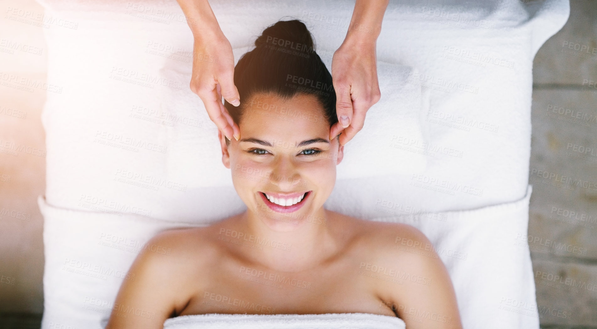 Buy stock photo Happy, salon and portrait of woman at spa for massage, facial treatment and luxury pamper. Aesthetic, dermatology and above of person on bed at resort for wellness, skincare and beauty service