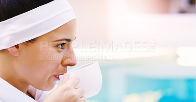 Buy stock photo Woman, spa and relax with cup of tea for drink, detox or beverage on break, rest or holiday at resort. Face of young female person with mug for hydration, digestion or refreshment at outdoor lodge