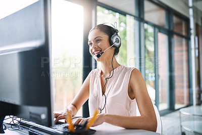 Buy stock photo Happy woman, call center and consulting on computer in customer support, service or telemarketing at office. Friendly female person, consultant or agent smiling for online advice or communication