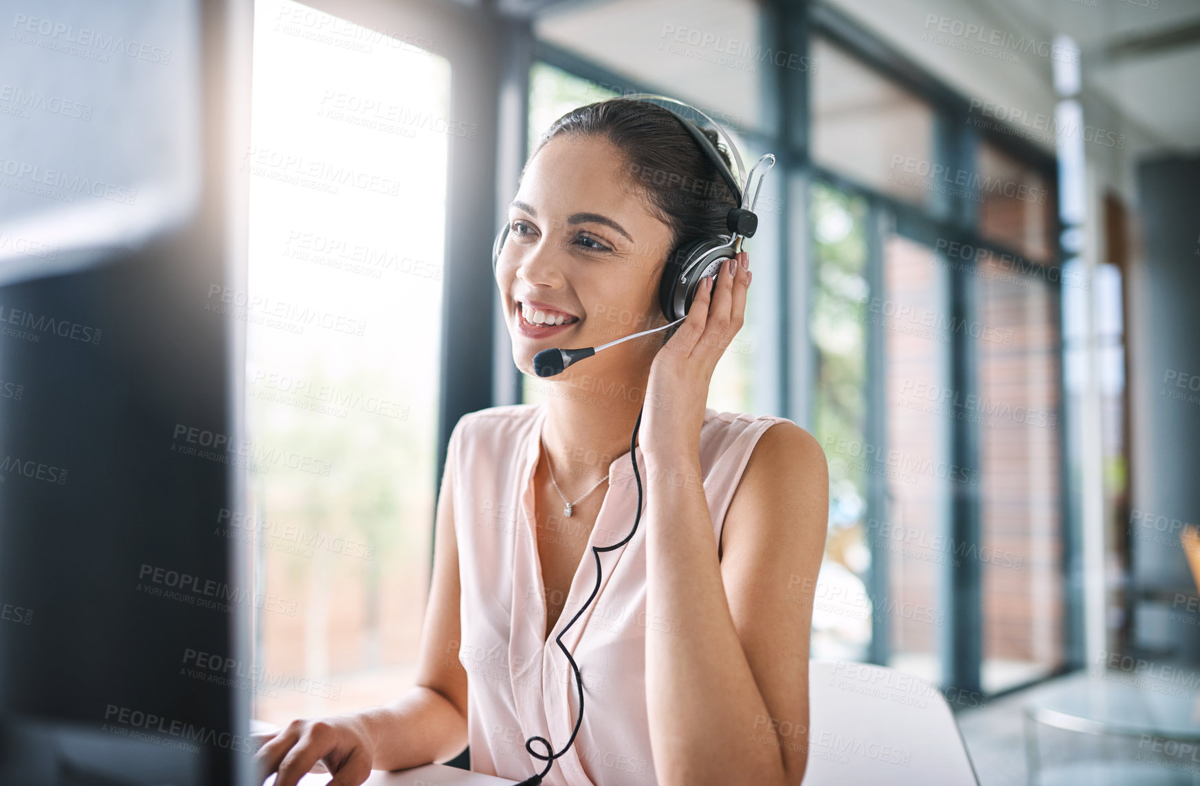 Buy stock photo Happy woman, call center and consulting with headphones in customer service, support or telemarketing at office. Friendly female person or consultant agent with smile and headset for online advice