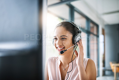 Buy stock photo Customer service, receptionist and female telemarketing consultant working on an online consultation in office. Contact us, communication and woman call center agent with a crm strategy in workplace.