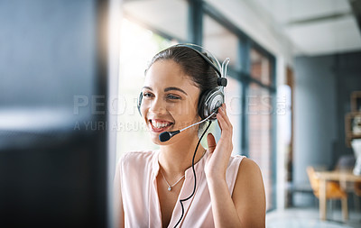 Buy stock photo Call center, customer support and female telemarketing agent working on an online consultation in office. Contact us, communication and woman consultant with a crm strategy with headset in workplace.