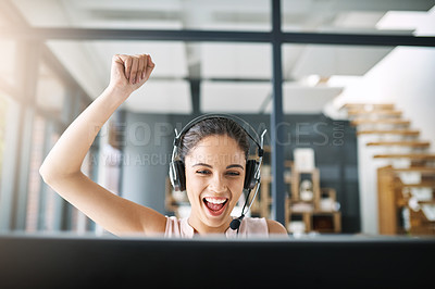 Buy stock photo Happy woman, call center and celebration for success, promotion or winning in customer service or telemarketing at the office. Excited female person or consultant agent winner in contact us or sale