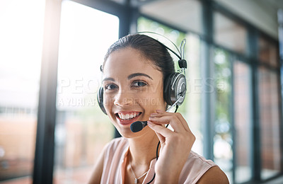 Buy stock photo Call center, customer service and portrait of woman in the office on an online consultation. Contact us, communication and face of female telemarketing consultant with crm with headset in workplace.