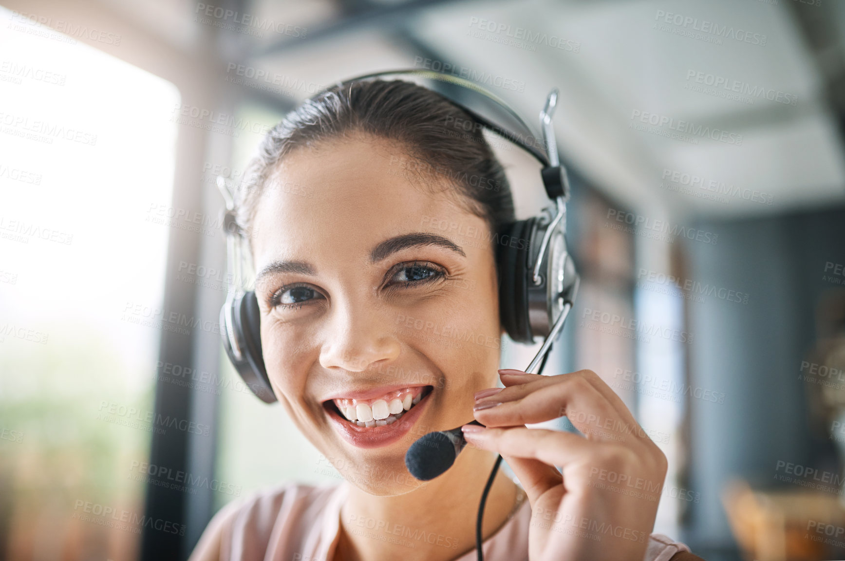 Buy stock photo Telemarketing, portrait and woman consultant in office on an online consultation with headset. Receptionist, contact us and female call center or customer support agent with crm strategy in workplace