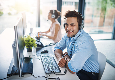 Buy stock photo Happy businessman, call center and smile in customer service, support or telemarketing at the office. Portrait of friendly man person, face or consultant agent smiling for online advice in contact us