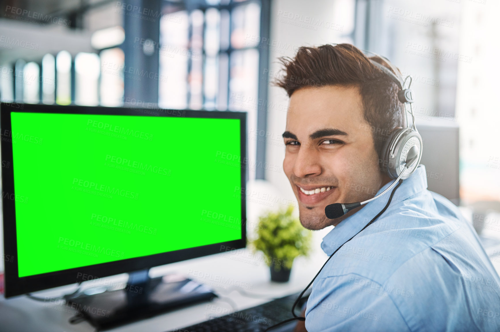 Buy stock photo Businessman face, call center and green screen on computer in customer service or telemarketing at office. Portrait of man person, consultant or agent smiling on PC with chromakey or mockup display