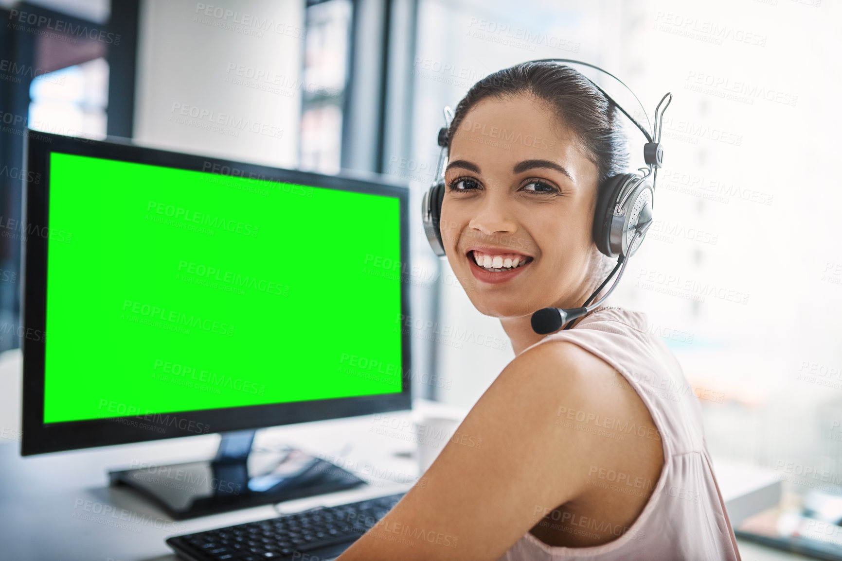 Buy stock photo Happy woman, call center and green screen on computer in customer service or telemarketing at office. Portrait of female person, consultant or agent smiling on PC with chromakey or mockup display