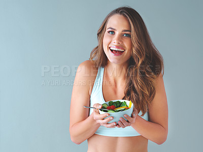 Buy stock photo Health, happy and portrait of woman with salad in studio for nutrition, vitamins or weightloss diet. Smile, food and female person with bowl of vegetable wellness meal for lunch by gray background.