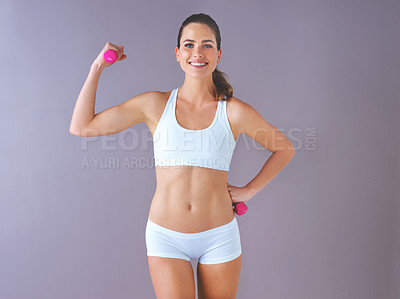 Buy stock photo Portrait of woman, dumbbells and workout in studio for muscle training, healthy body or wellness on purple background. Strong, fitness and model with flex for challenge, arm exercise or lose weight