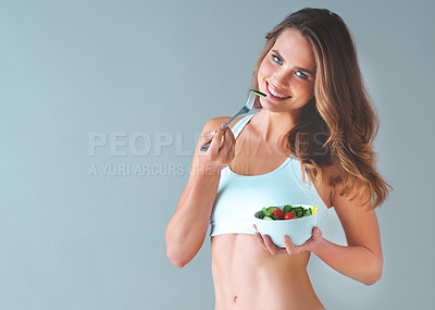 Buy stock photo Health, eating and portrait of woman with salad in studio for nutrition, vitamins or weightloss diet food. Smile, mockup and female person with vegetable wellness meal for lunch by gray background.