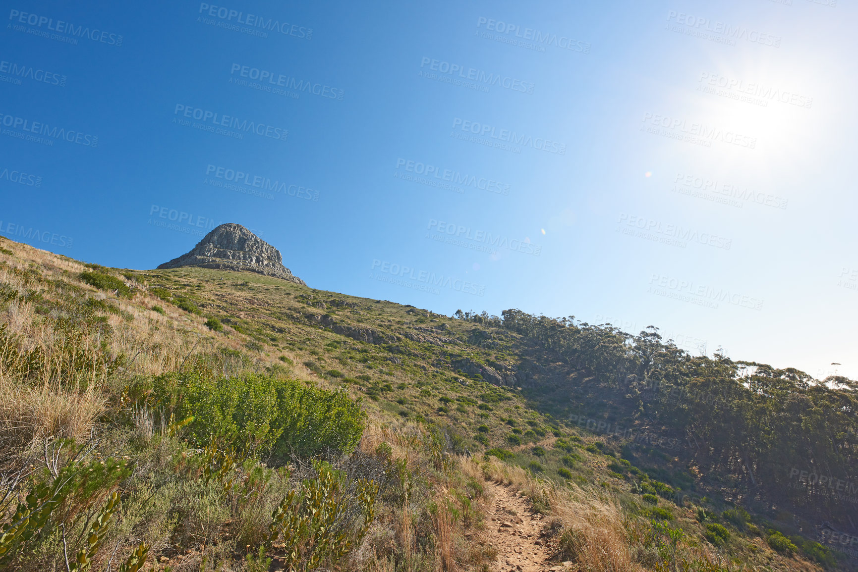 Buy stock photo Landscape view of  Lions Head mountain, blue sky with copy space on Table Mountain, Cape Town, South Africa. Calm, serene, tranquil, countryside and relaxing nature scenery. Wild tourism destination