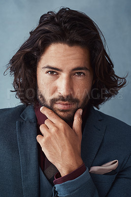 Buy stock photo Portrait, thinking and business man planning future, solution and salesman problem solving isolated on studio background. Decision, inspiration and face of confident entrepreneur with vision or dream