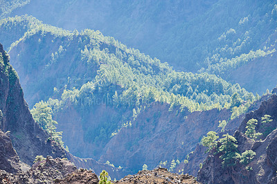 Buy stock photo Mountain, nature and valley with view of scenic environment in La Palma, Spain. Green, landscape and volcanic location of rocky terrain at Roque de los Muchachos in Europe for natural sightseeing