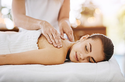 Buy stock photo Therapy, beauty and massage with woman in spa for wellness, luxury and cosmetics treatment. Skincare, peace and zen with female customer and hands of therapist for relax, salon and detox